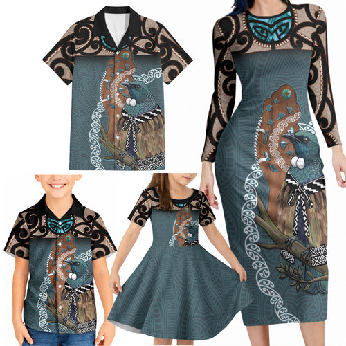 New Zealand Tui Bird Maripi Family Matching Long Sleeve Bodycon Dress and Hawaiian Shirt Maori Weapon Kowhaiwhai Pattern