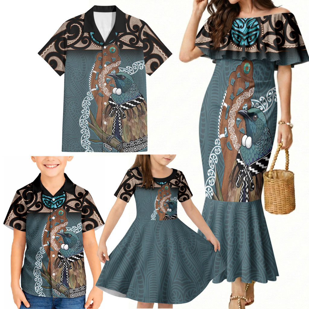 New Zealand Tui Bird Maripi Family Matching Mermaid Dress and Hawaiian Shirt Maori Weapon Kowhaiwhai Pattern