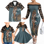 New Zealand Tui Bird Maripi Family Matching Off The Shoulder Long Sleeve Dress and Hawaiian Shirt Maori Weapon Kowhaiwhai Pattern