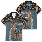 New Zealand Tui Bird Maripi Family Matching Off The Shoulder Long Sleeve Dress and Hawaiian Shirt Maori Weapon Kowhaiwhai Pattern