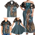 New Zealand Tui Bird Maripi Family Matching Off Shoulder Maxi Dress and Hawaiian Shirt Maori Weapon Kowhaiwhai Pattern