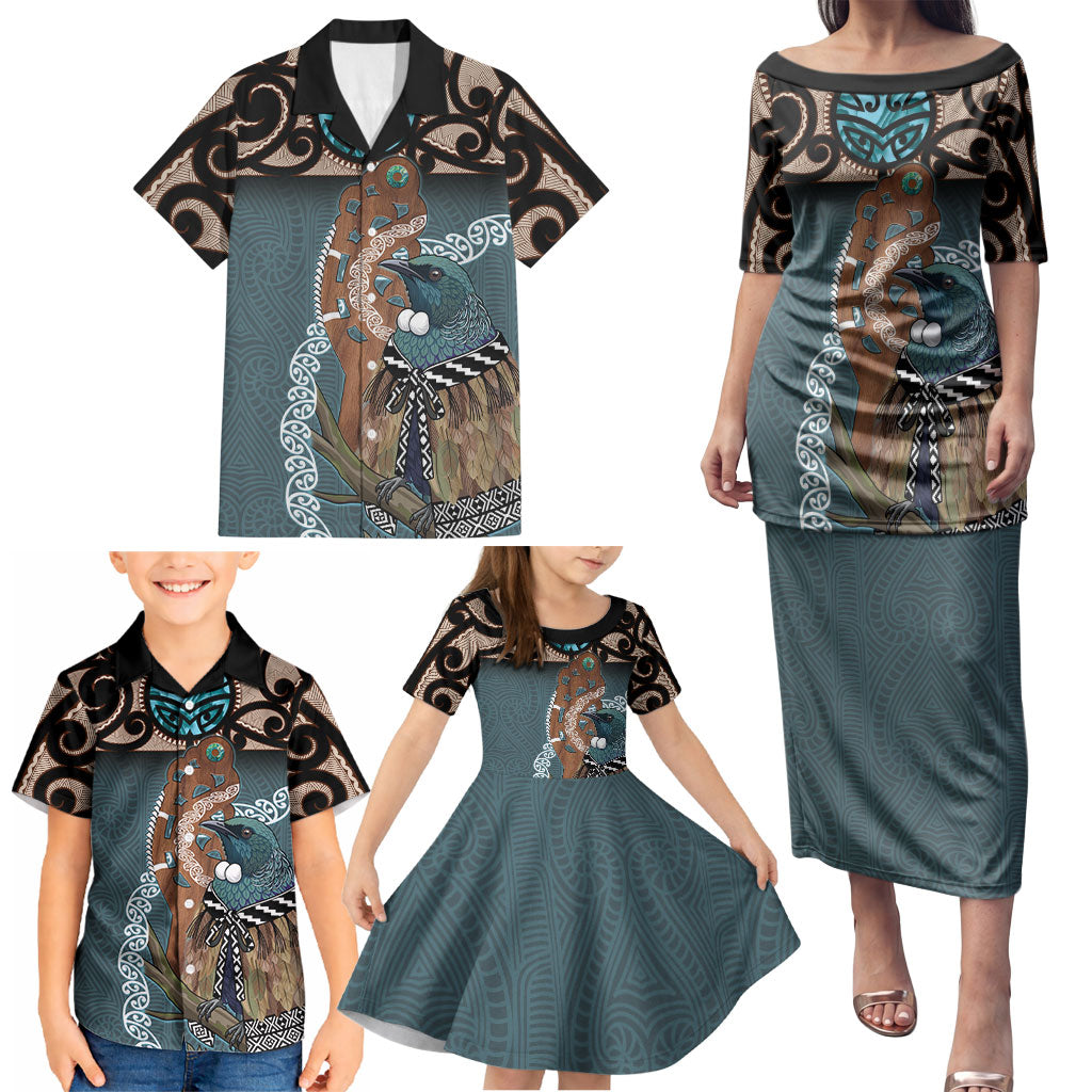 New Zealand Tui Bird Maripi Family Matching Puletasi and Hawaiian Shirt Maori Weapon Kowhaiwhai Pattern