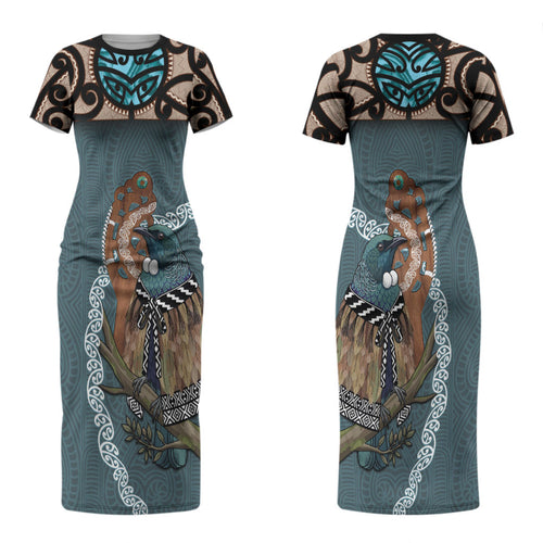 New Zealand Tui Bird Maripi Family Matching Short Sleeve Bodycon Dress and Hawaiian Shirt Maori Weapon Kowhaiwhai Pattern