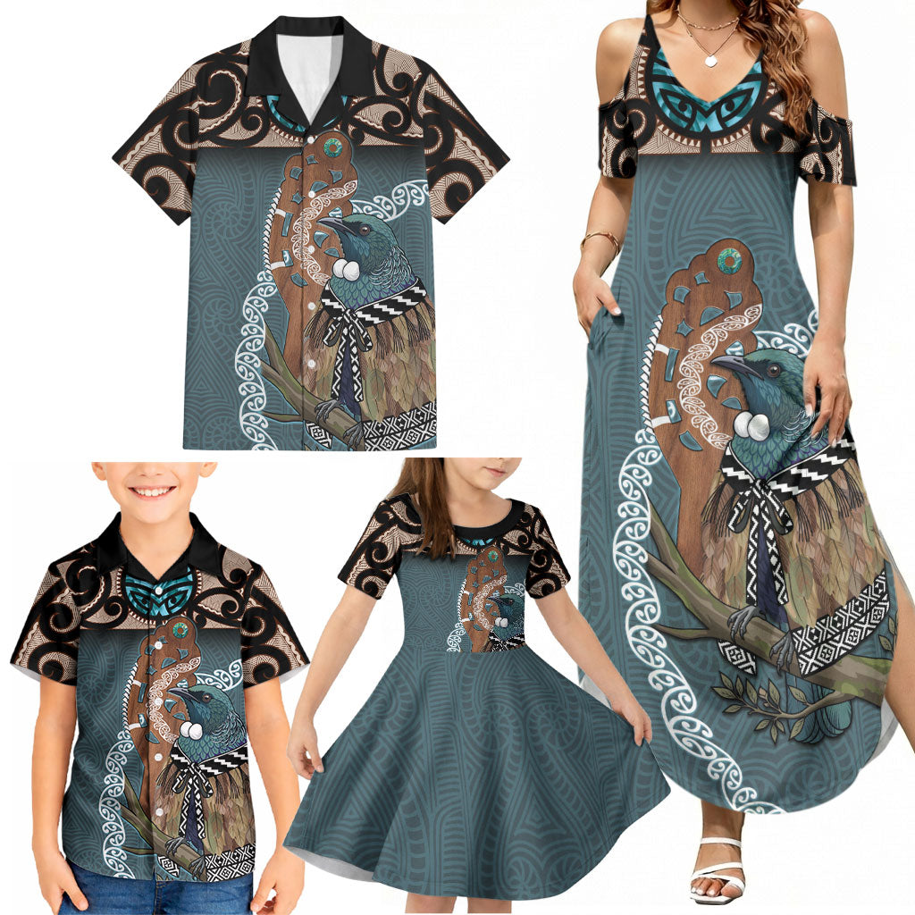 New Zealand Tui Bird Maripi Family Matching Summer Maxi Dress and Hawaiian Shirt Maori Weapon Kowhaiwhai Pattern