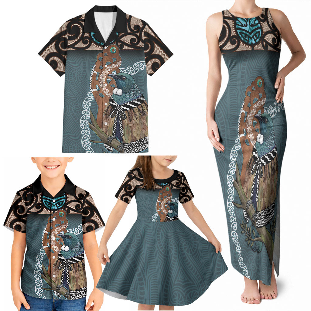 New Zealand Tui Bird Maripi Family Matching Tank Maxi Dress and Hawaiian Shirt Maori Weapon Kowhaiwhai Pattern