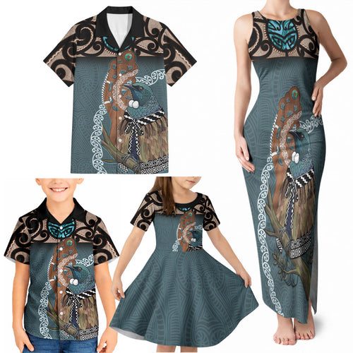 New Zealand Tui Bird Maripi Family Matching Tank Maxi Dress and Hawaiian Shirt Maori Weapon Kowhaiwhai Pattern