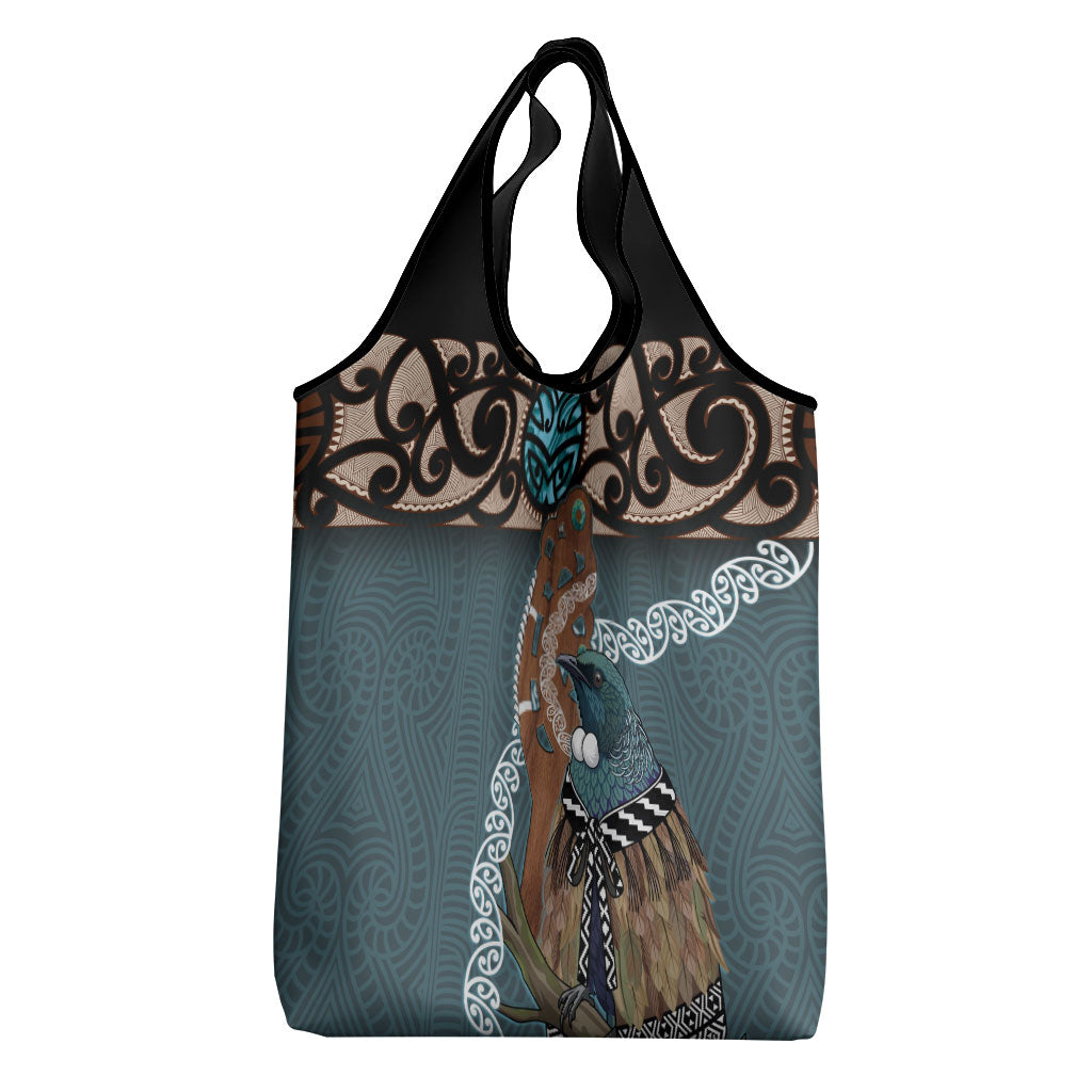 New Zealand Tui Bird Maripi Grocery Bag Maori Weapon Kowhaiwhai Pattern