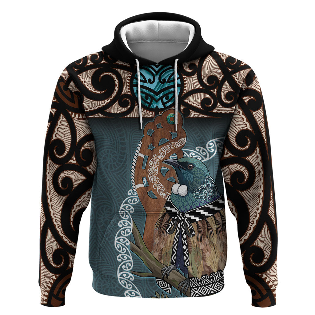New Zealand Tui Bird Maripi Hoodie Maori Weapon Kowhaiwhai Pattern