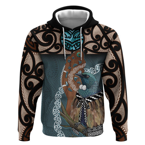 New Zealand Tui Bird Maripi Hoodie Maori Weapon Kowhaiwhai Pattern