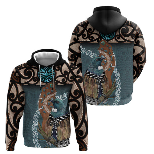 New Zealand Tui Bird Maripi Hoodie Maori Weapon Kowhaiwhai Pattern