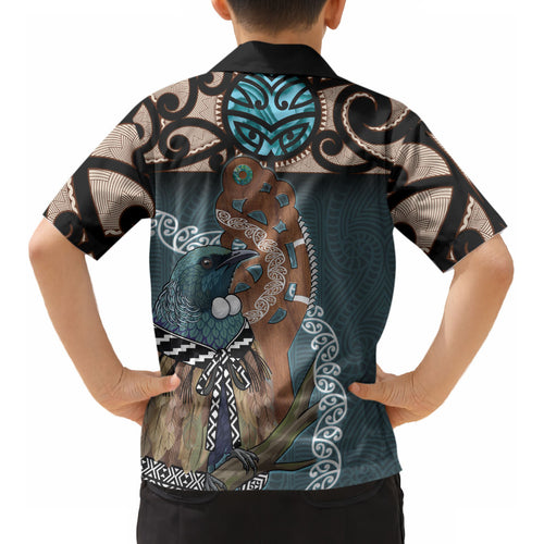 New Zealand Tui Bird Maripi Kid Hawaiian Shirt Maori Weapon Kowhaiwhai Pattern LT22