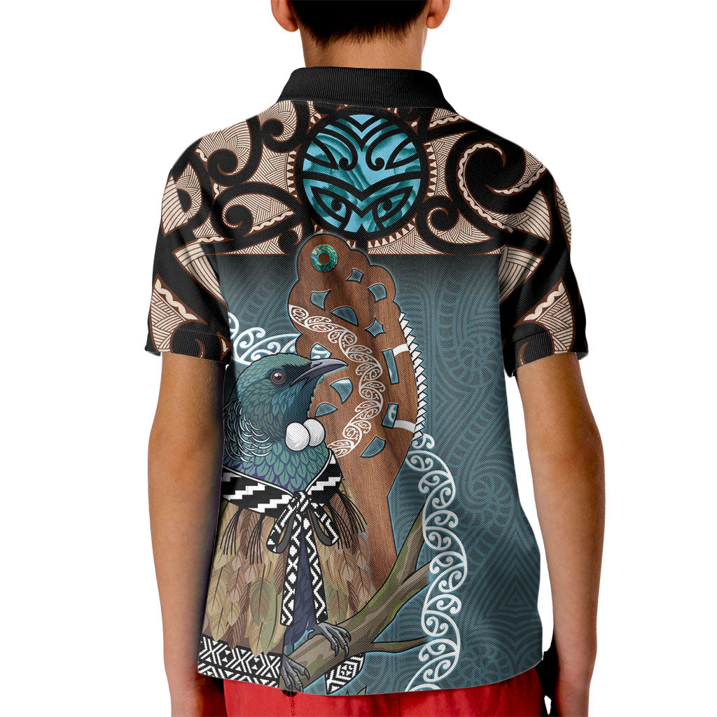 New Zealand Tui Bird Maripi Kid Polo Shirt Maori Weapon Kowhaiwhai Pattern