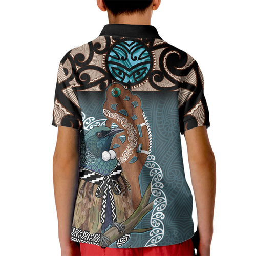 New Zealand Tui Bird Maripi Kid Polo Shirt Maori Weapon Kowhaiwhai Pattern