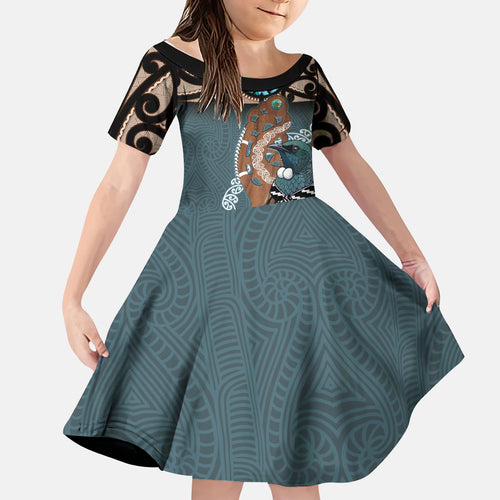 New Zealand Tui Bird Maripi Kid Short Sleeve Dress Maori Weapon Kowhaiwhai Pattern