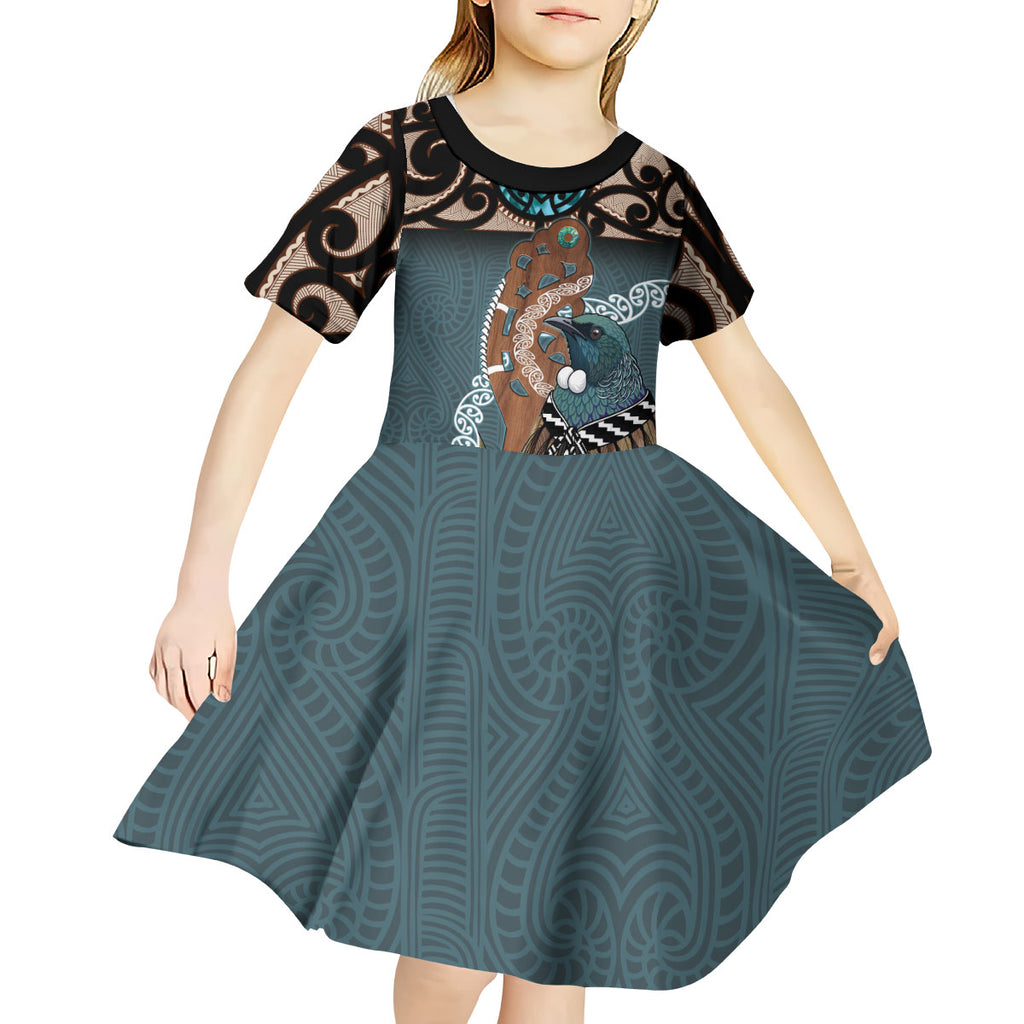 New Zealand Tui Bird Maripi Kid Short Sleeve Dress Maori Weapon Kowhaiwhai Pattern