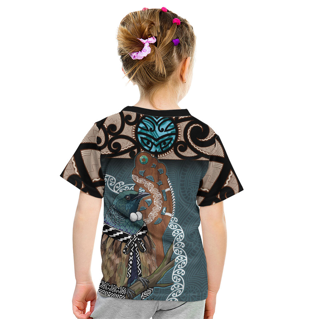 New Zealand Tui Bird Maripi Kid T Shirt Maori Weapon Kowhaiwhai Pattern