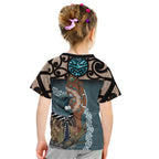 New Zealand Tui Bird Maripi Kid T Shirt Maori Weapon Kowhaiwhai Pattern