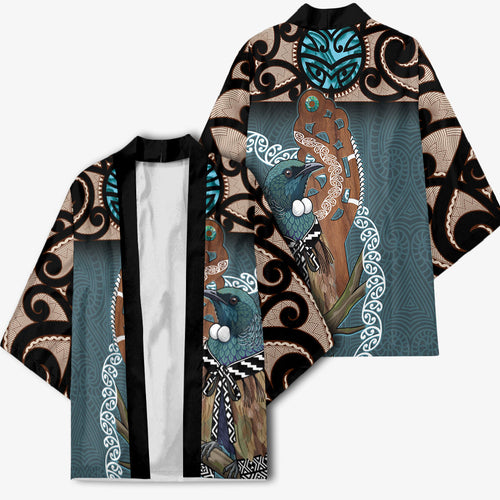 New Zealand Tui Bird Maripi Kimono Maori Weapon Kowhaiwhai Pattern