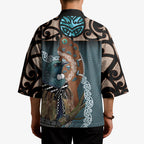 New Zealand Tui Bird Maripi Kimono Maori Weapon Kowhaiwhai Pattern