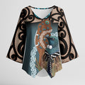 New Zealand Tui Bird Maripi Kimono Sleeve Blouse Maori Weapon Kowhaiwhai Pattern