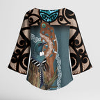 New Zealand Tui Bird Maripi Kimono Sleeve Blouse Maori Weapon Kowhaiwhai Pattern