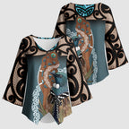 New Zealand Tui Bird Maripi Kimono Sleeve Blouse Maori Weapon Kowhaiwhai Pattern