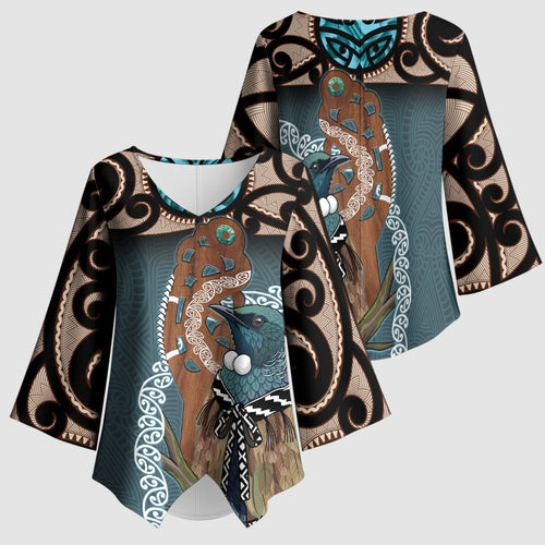 New Zealand Tui Bird Maripi Kimono Sleeve Blouse Maori Weapon Kowhaiwhai Pattern