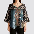 New Zealand Tui Bird Maripi Kimono Sleeve Blouse Maori Weapon Kowhaiwhai Pattern