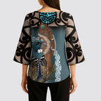 New Zealand Tui Bird Maripi Kimono Sleeve Blouse Maori Weapon Kowhaiwhai Pattern