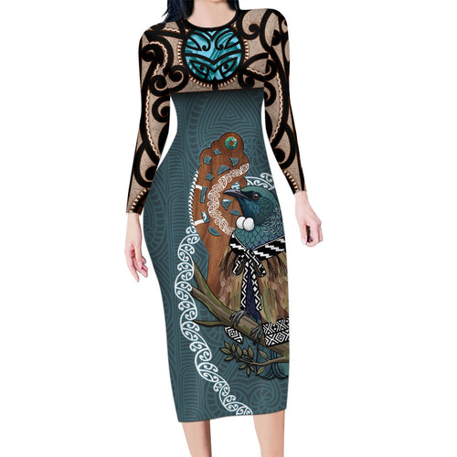 New Zealand Tui Bird Maripi Long Sleeve Bodycon Dress Maori Weapon Kowhaiwhai Pattern