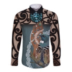 New Zealand Tui Bird Maripi Long Sleeve Button Shirt Maori Weapon Kowhaiwhai Pattern