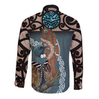 New Zealand Tui Bird Maripi Long Sleeve Button Shirt Maori Weapon Kowhaiwhai Pattern