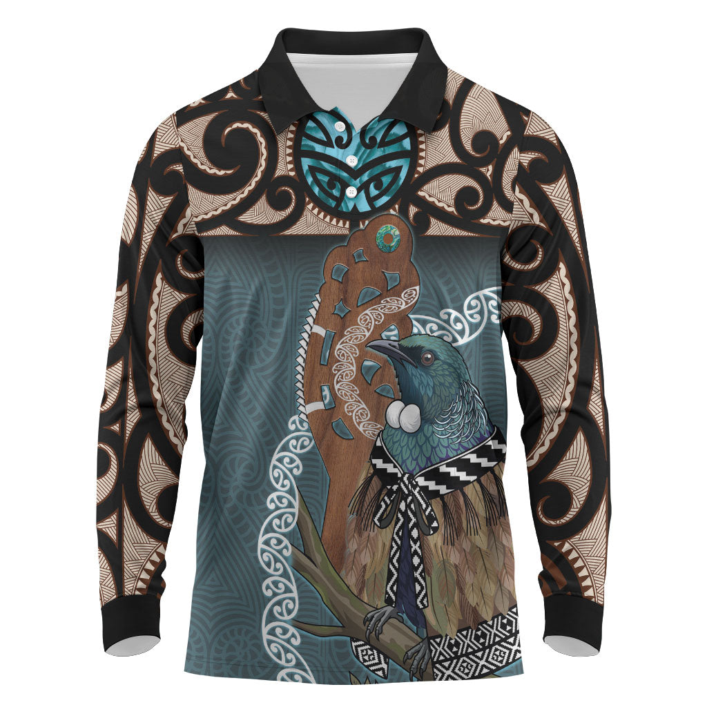 New Zealand Tui Bird Maripi Long Sleeve Polo Shirt Maori Weapon Kowhaiwhai Pattern