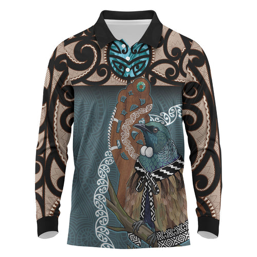 New Zealand Tui Bird Maripi Long Sleeve Polo Shirt Maori Weapon Kowhaiwhai Pattern