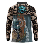 New Zealand Tui Bird Maripi Long Sleeve Polo Shirt Maori Weapon Kowhaiwhai Pattern