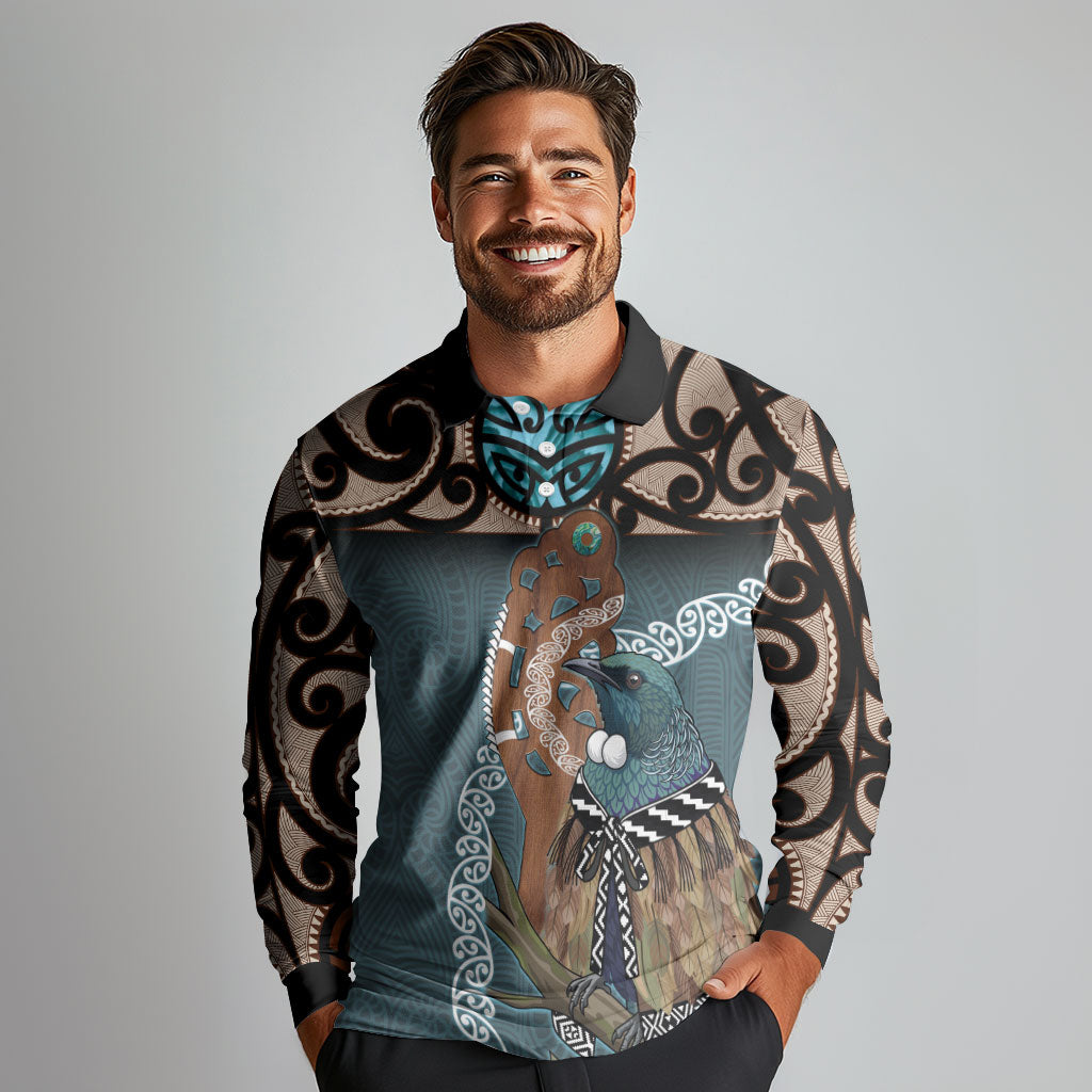 New Zealand Tui Bird Maripi Long Sleeve Polo Shirt Maori Weapon Kowhaiwhai Pattern