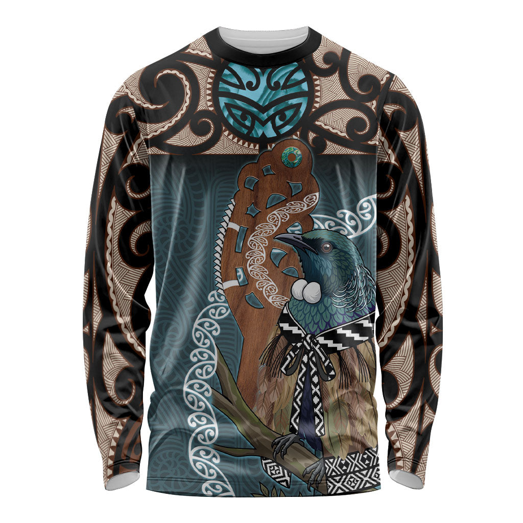 New Zealand Tui Bird Maripi Long Sleeve Shirt Maori Weapon Kowhaiwhai Pattern