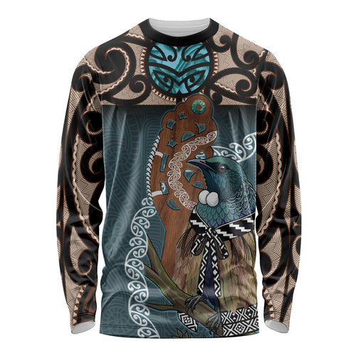 New Zealand Tui Bird Maripi Long Sleeve Shirt Maori Weapon Kowhaiwhai Pattern