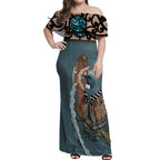 New Zealand Tui Bird Maripi Off Shoulder Maxi Dress Maori Weapon Kowhaiwhai Pattern