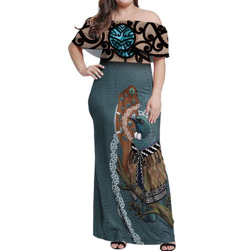 New Zealand Tui Bird Maripi Off Shoulder Maxi Dress Maori Weapon Kowhaiwhai Pattern