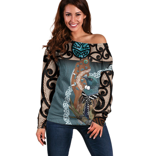 New Zealand Tui Bird Maripi Off Shoulder Sweater Maori Weapon Kowhaiwhai Pattern