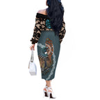 New Zealand Tui Bird Maripi Off The Shoulder Long Sleeve Dress Maori Weapon Kowhaiwhai Pattern