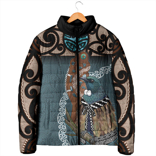 New Zealand Tui Bird Maripi Padded Jacket Maori Weapon Kowhaiwhai Pattern