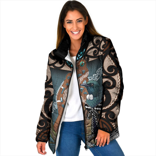 New Zealand Tui Bird Maripi Padded Jacket Maori Weapon Kowhaiwhai Pattern