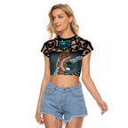 New Zealand Tui Bird Maripi Raglan Cropped T Shirt Maori Weapon Kowhaiwhai Pattern
