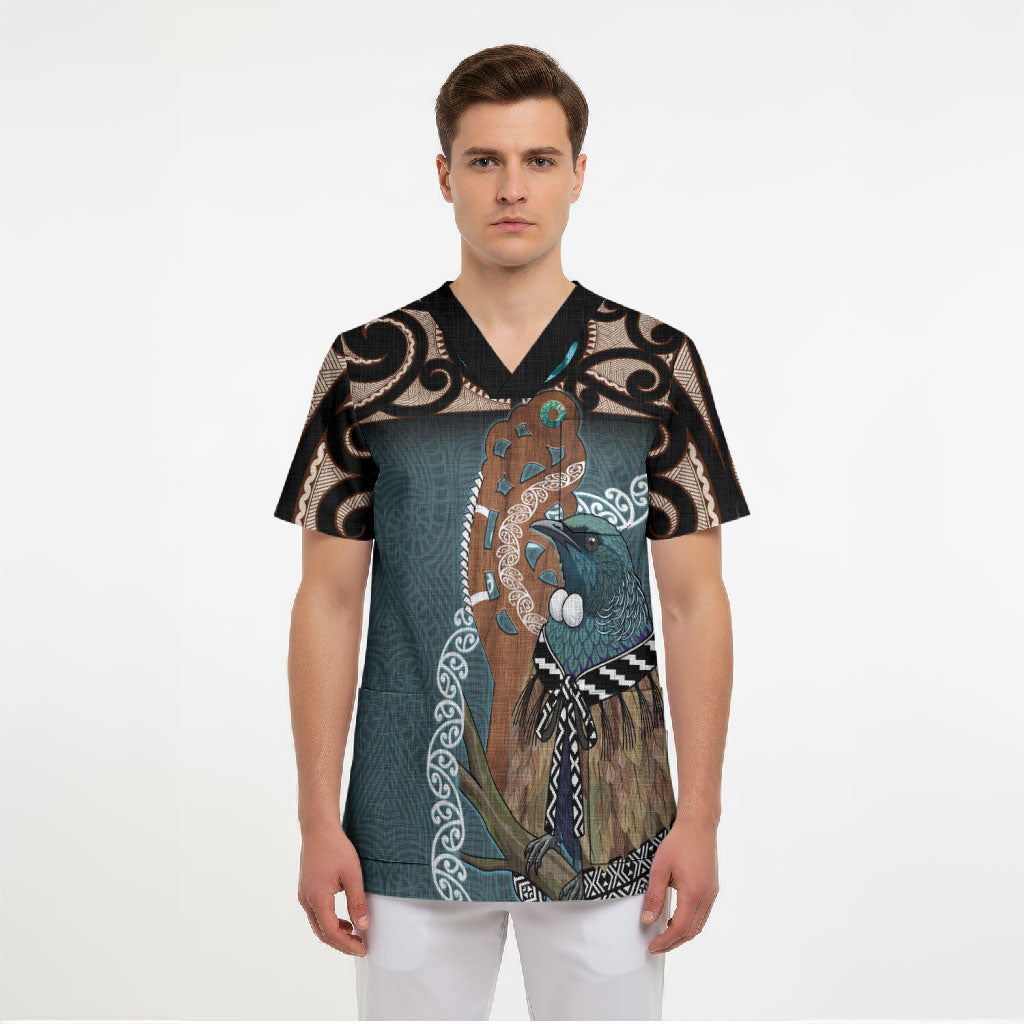 New Zealand Tui Bird Maripi Scrub Top Maori Weapon Kowhaiwhai Pattern