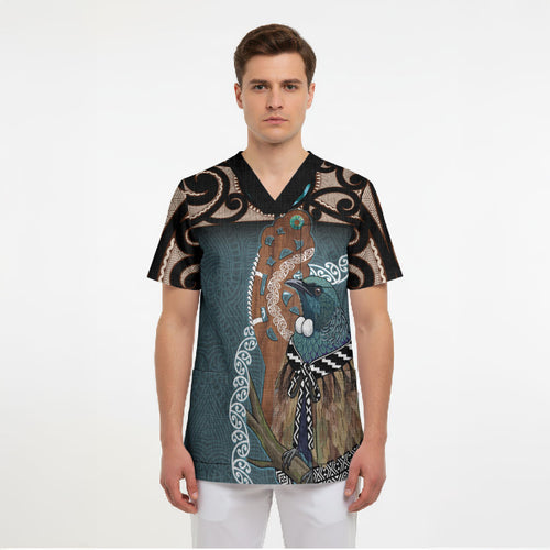 New Zealand Tui Bird Maripi Scrub Top Maori Weapon Kowhaiwhai Pattern