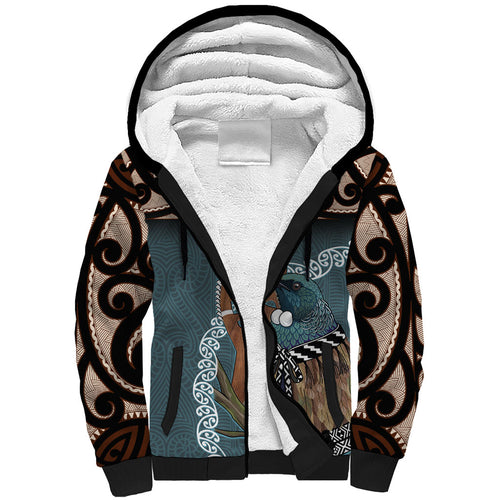 New Zealand Tui Bird Maripi Sherpa Hoodie Maori Weapon Kowhaiwhai Pattern