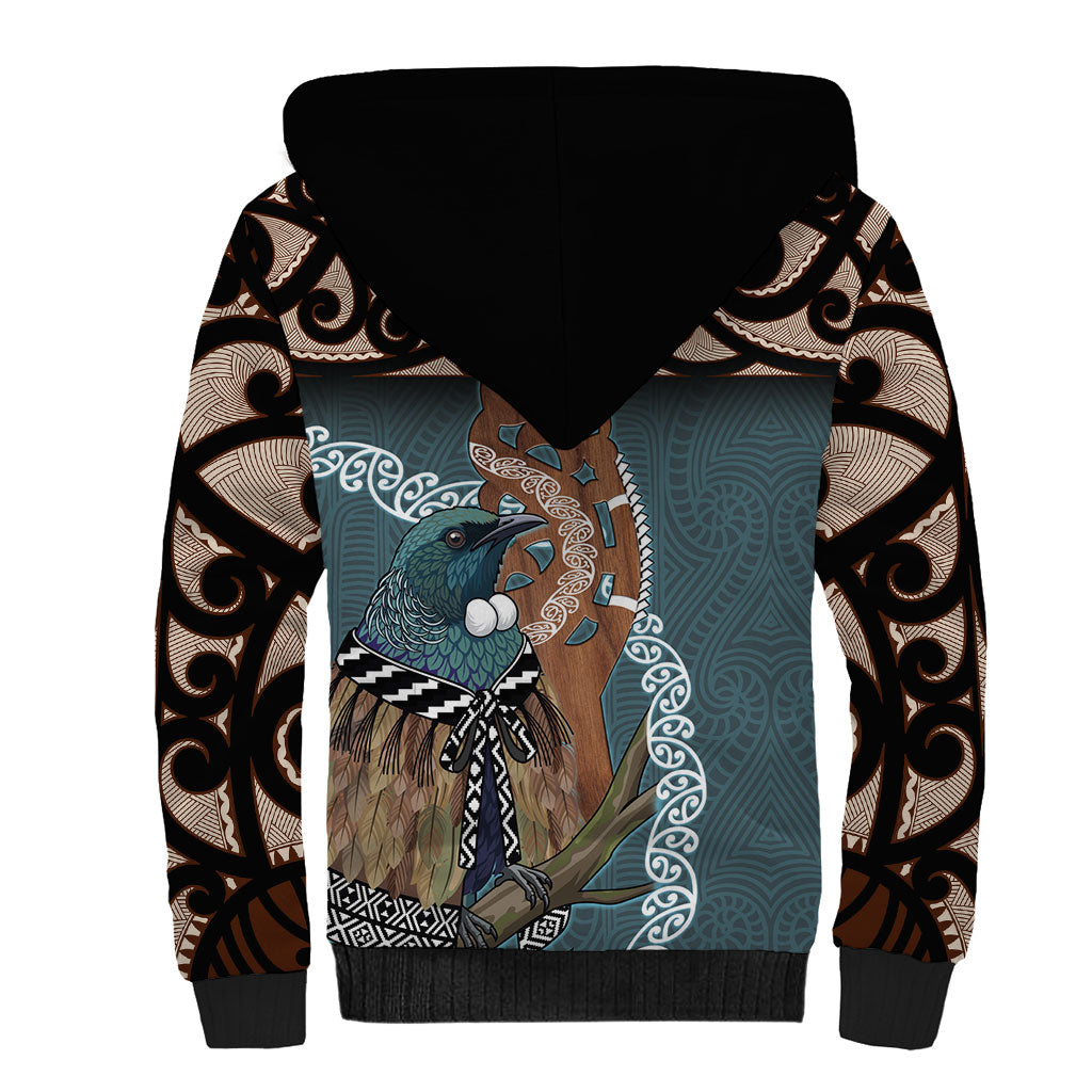 New Zealand Tui Bird Maripi Sherpa Hoodie Maori Weapon Kowhaiwhai Pattern