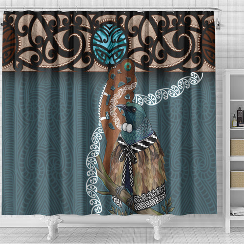 New Zealand Tui Bird Maripi Shower Curtain Maori Weapon Kowhaiwhai Pattern